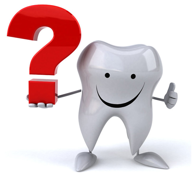 a cartoon tooth holding a red question mark and giving a "thumbs up" gesture